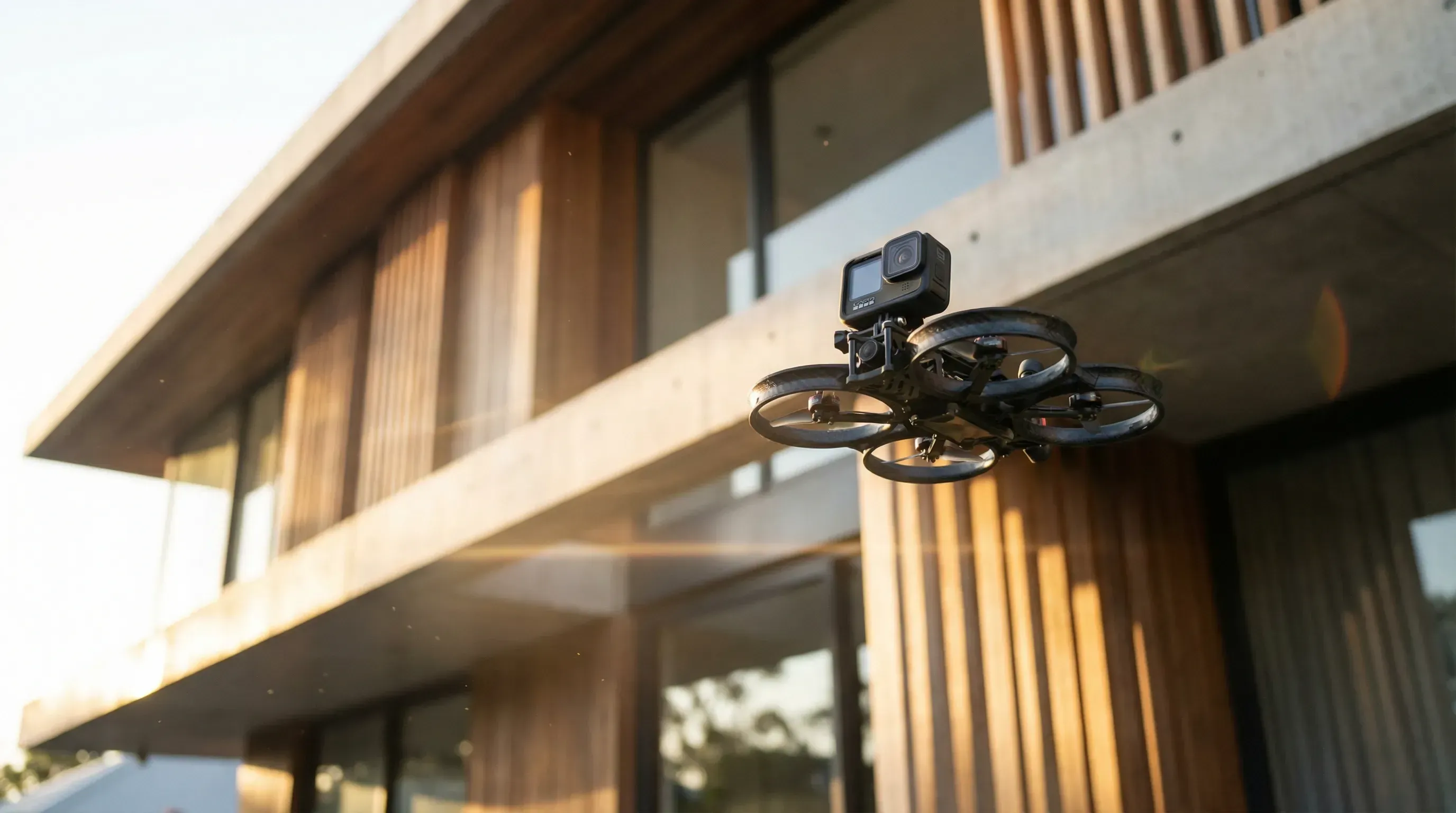 KI-generiert: FPV-Drohne zeigt moderne Architektur aus dynamischer Perspektive