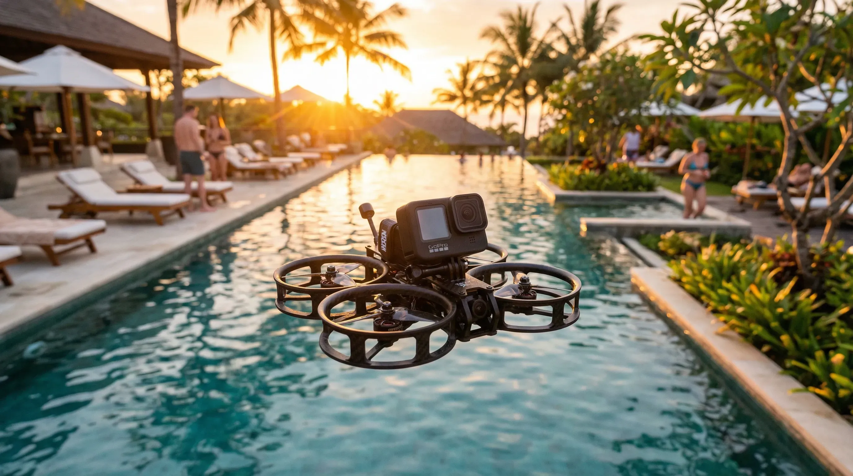 FPV-Aufnahme einer luxuriösen Hotelaussenanlage mit Pool