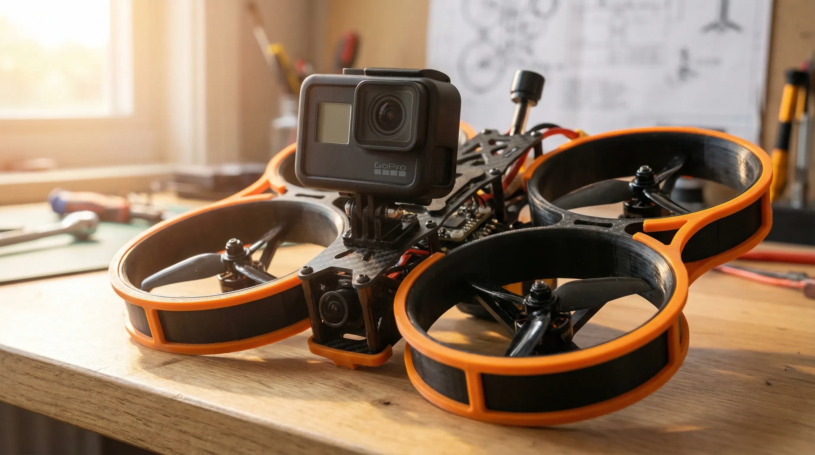 Cinewhoop-Drohne mit GoPro auf einer Werkbank