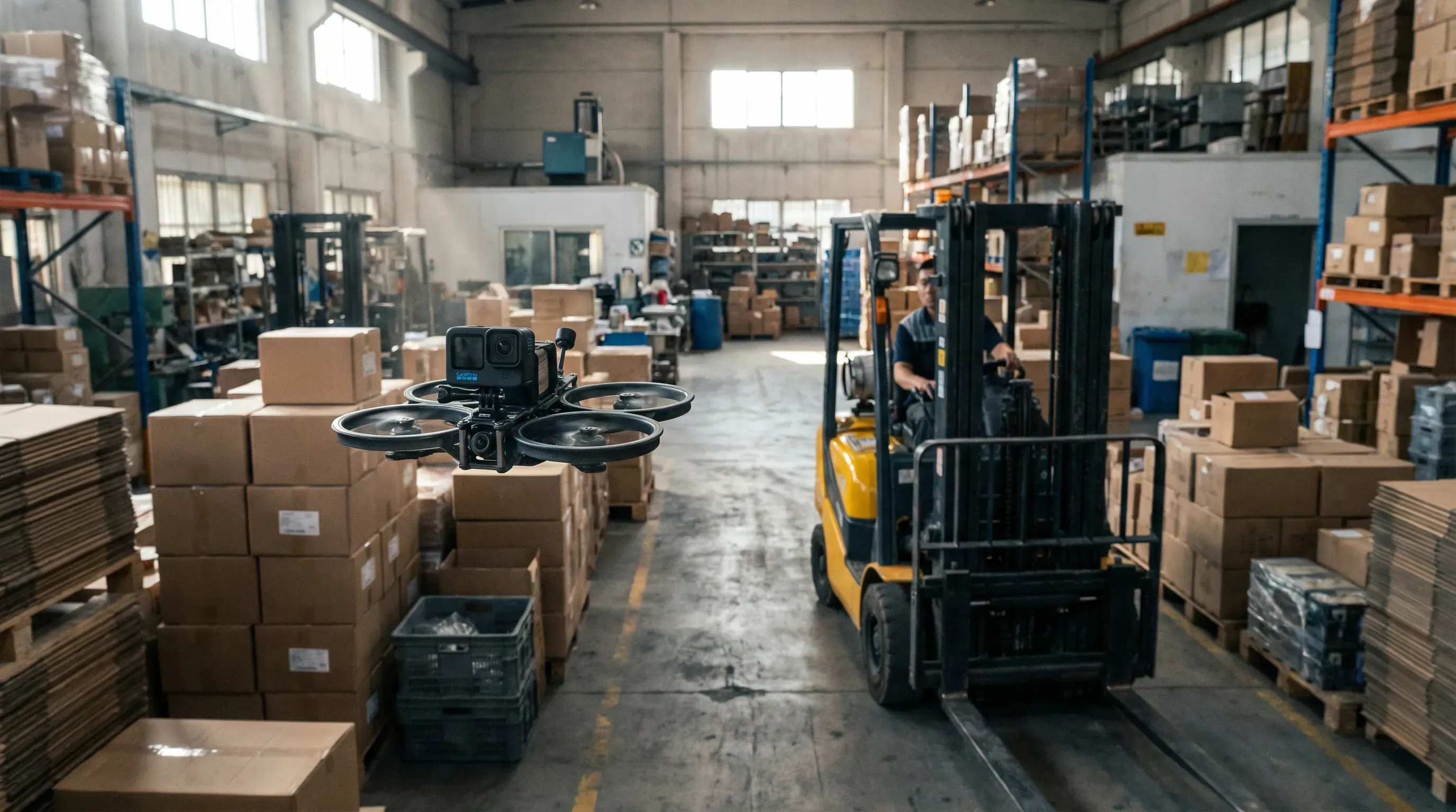 FPV-Drohne fliegt an Gabelstapler vorbei