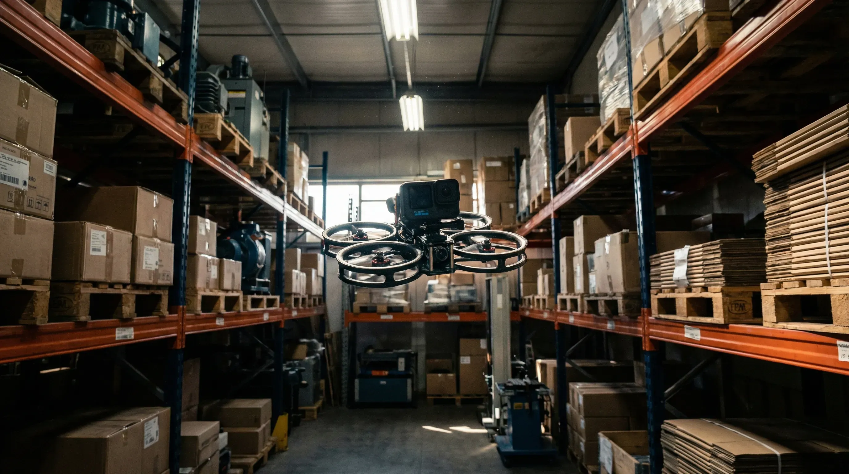 FPV-Drohne fliegt durch Lagerregale