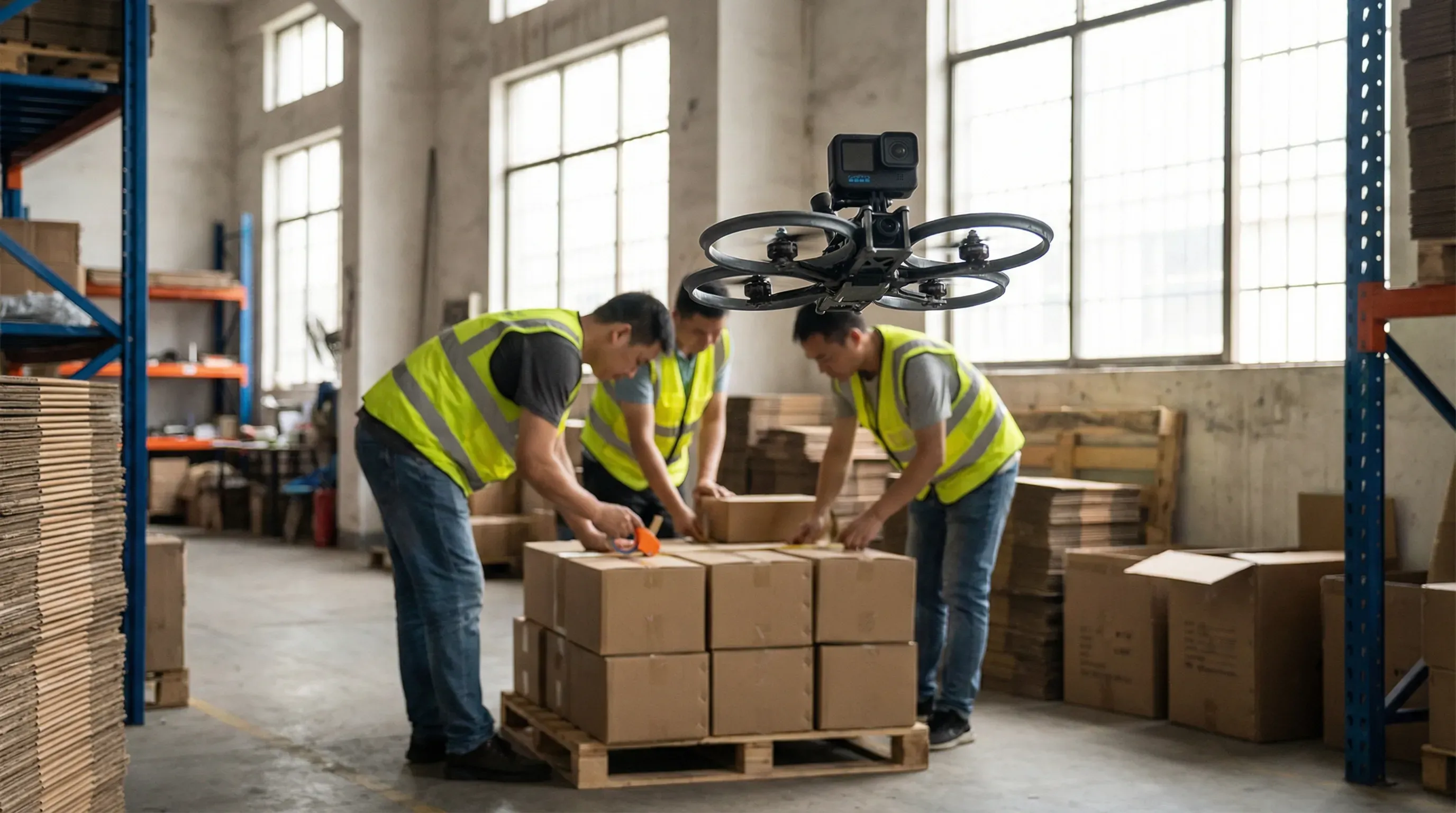 FPV-Drohne über Mitarbeitern beim Einräumen