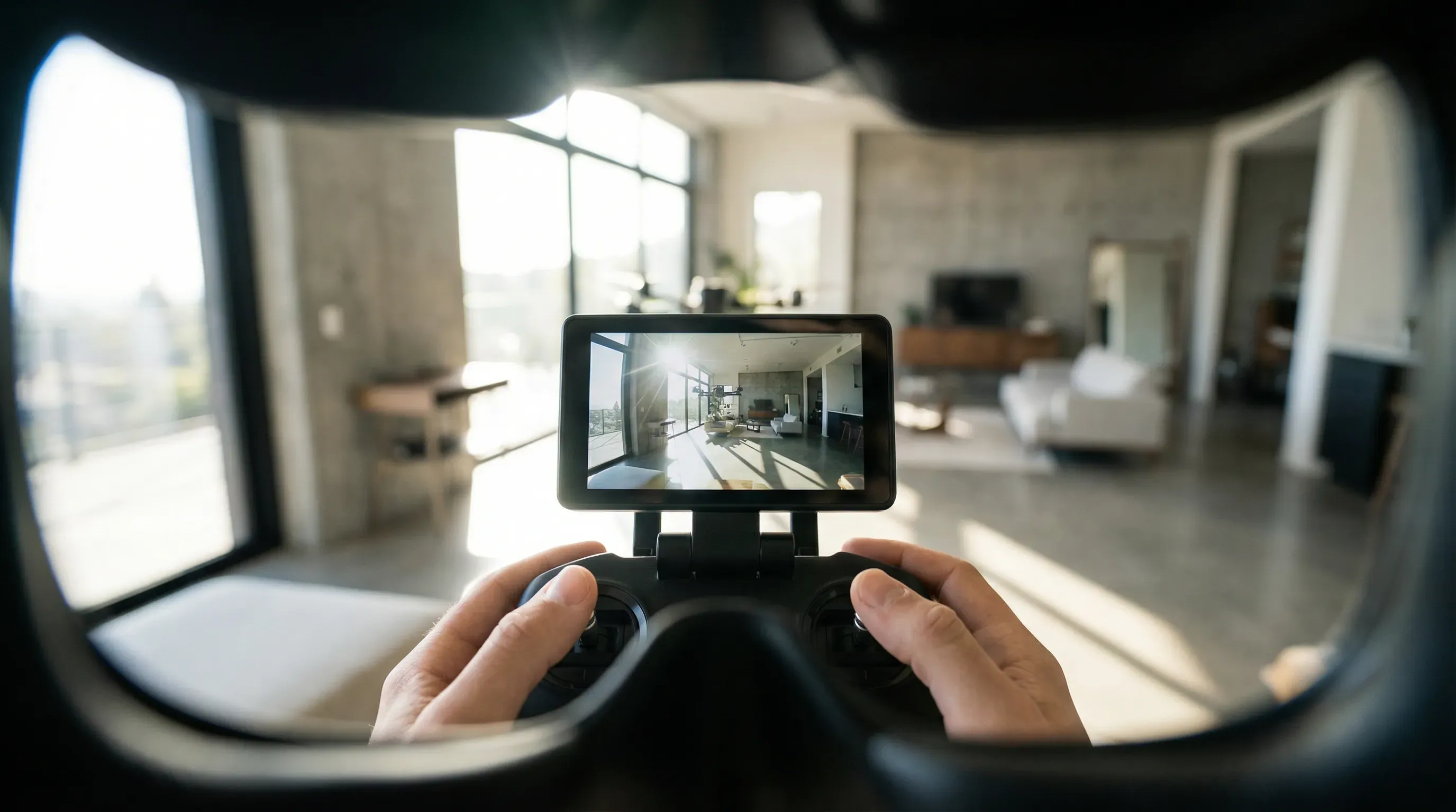 Blick durch eine FPV-Brille mit Live-Videofeed auf dem Controller