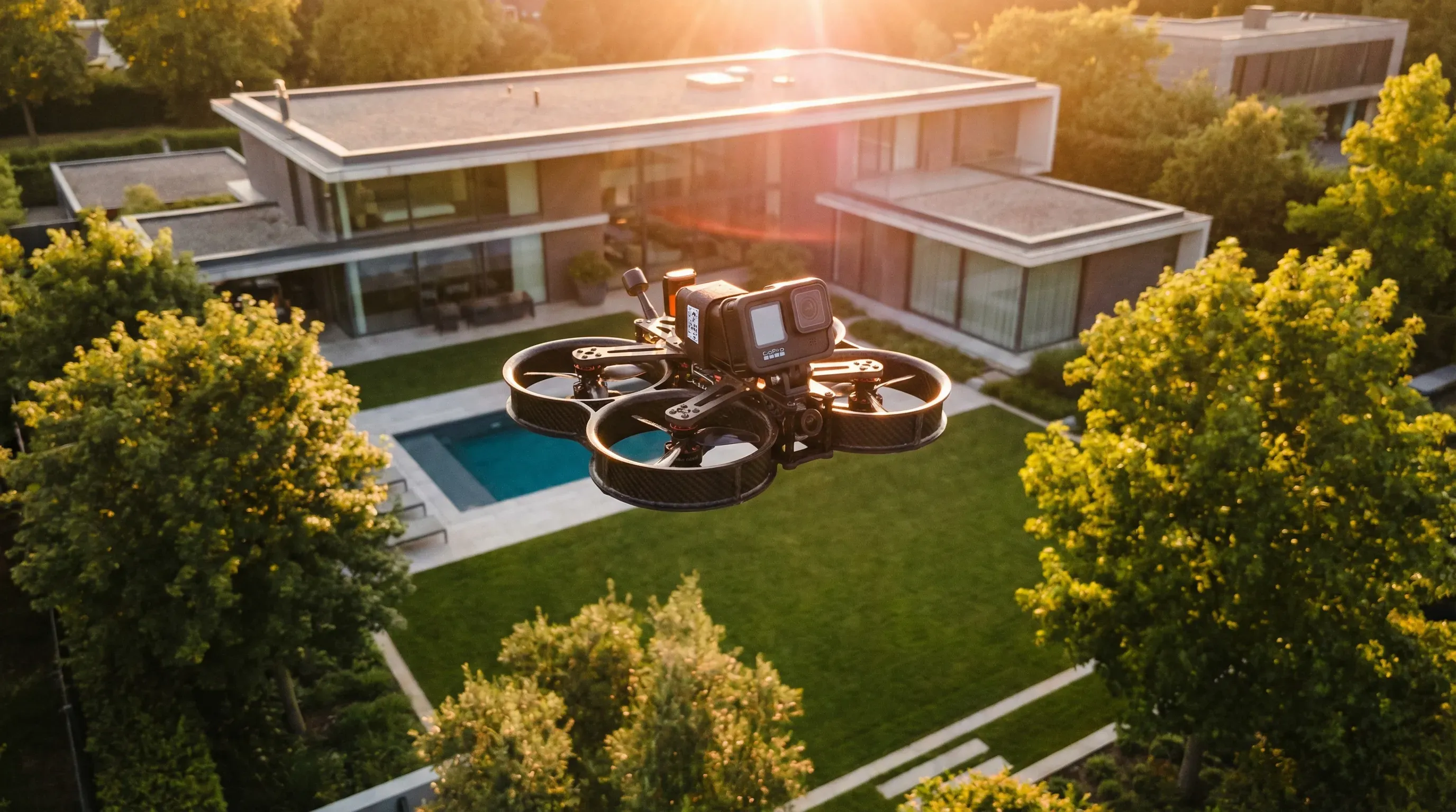 FPV-Drohne über Grundstück mit Haus bei Golden Hour