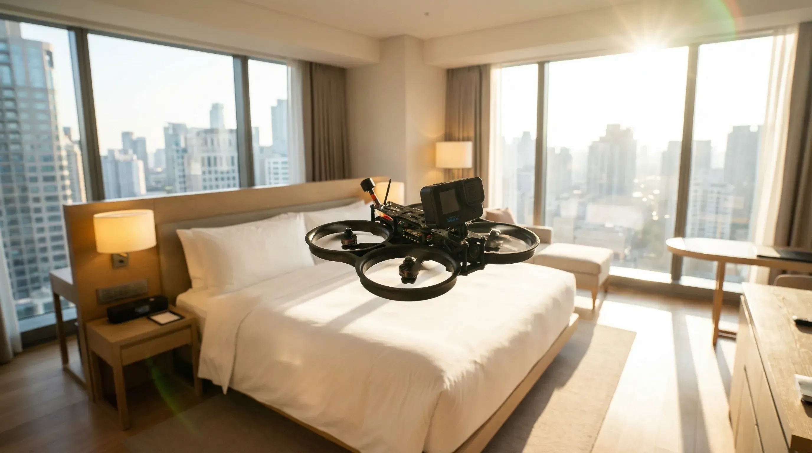 KI-generiert: FPV-Drohne fliegt durch modernes Hotelzimmer