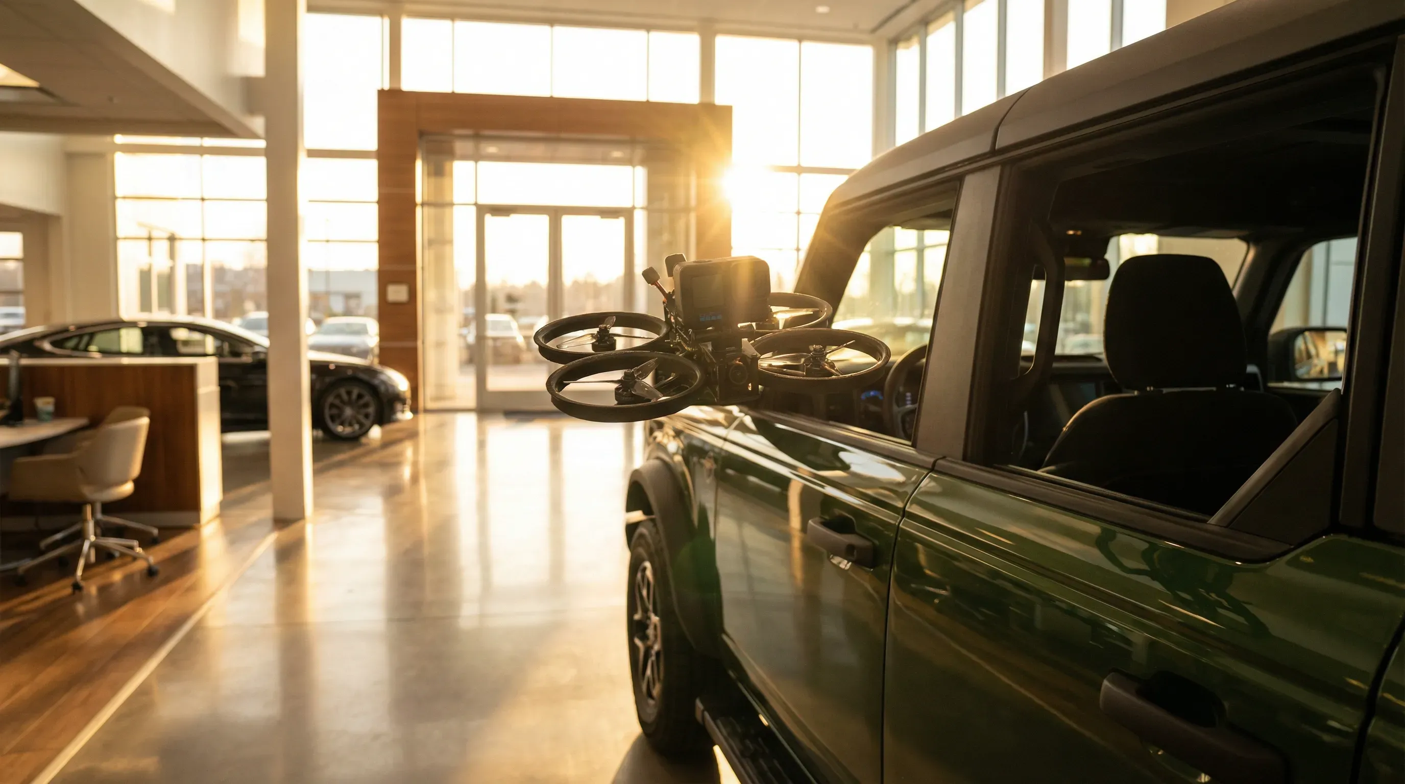 FPV-Drohne fliegt durch einen Ford Bronco im Autohaus-Showroom