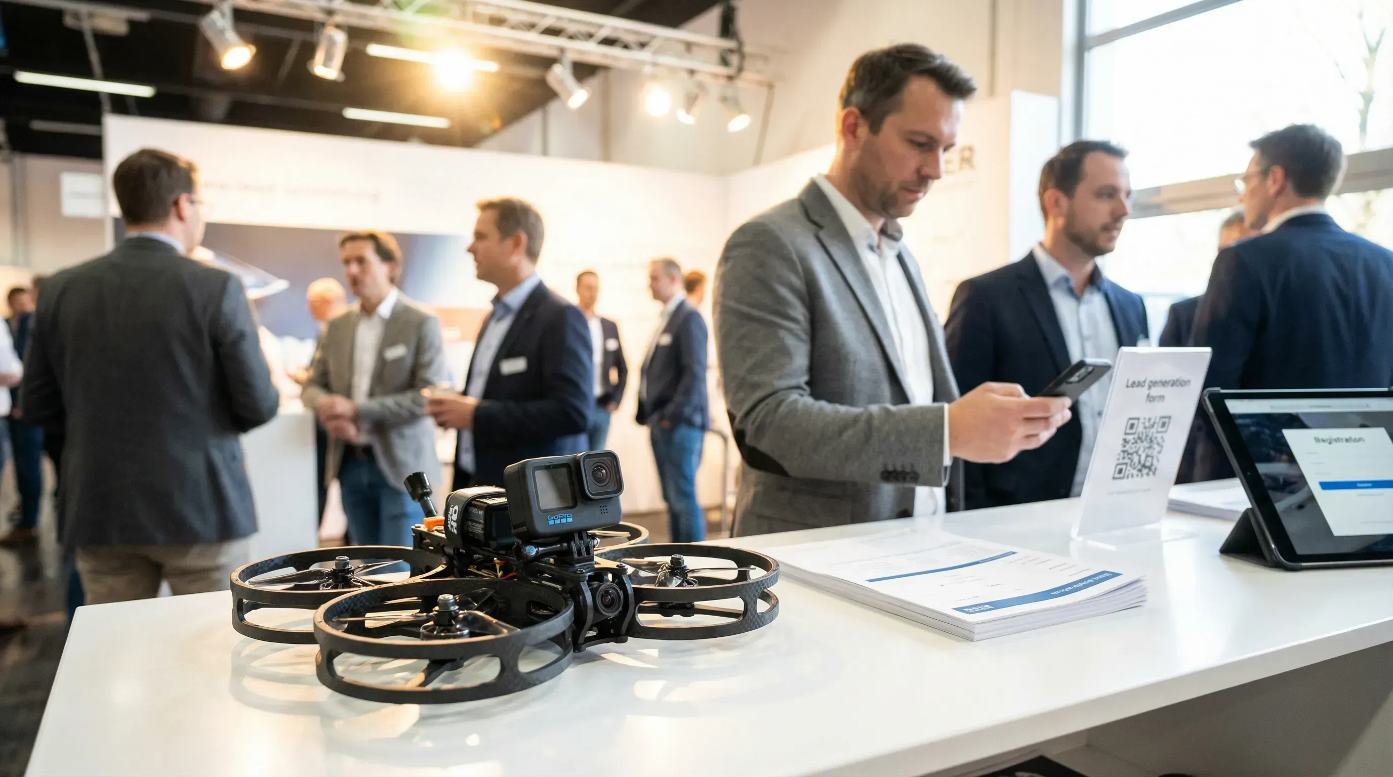 KI-generiert: FPV-Drohne auf Messestand mit interessierten Besuchern
