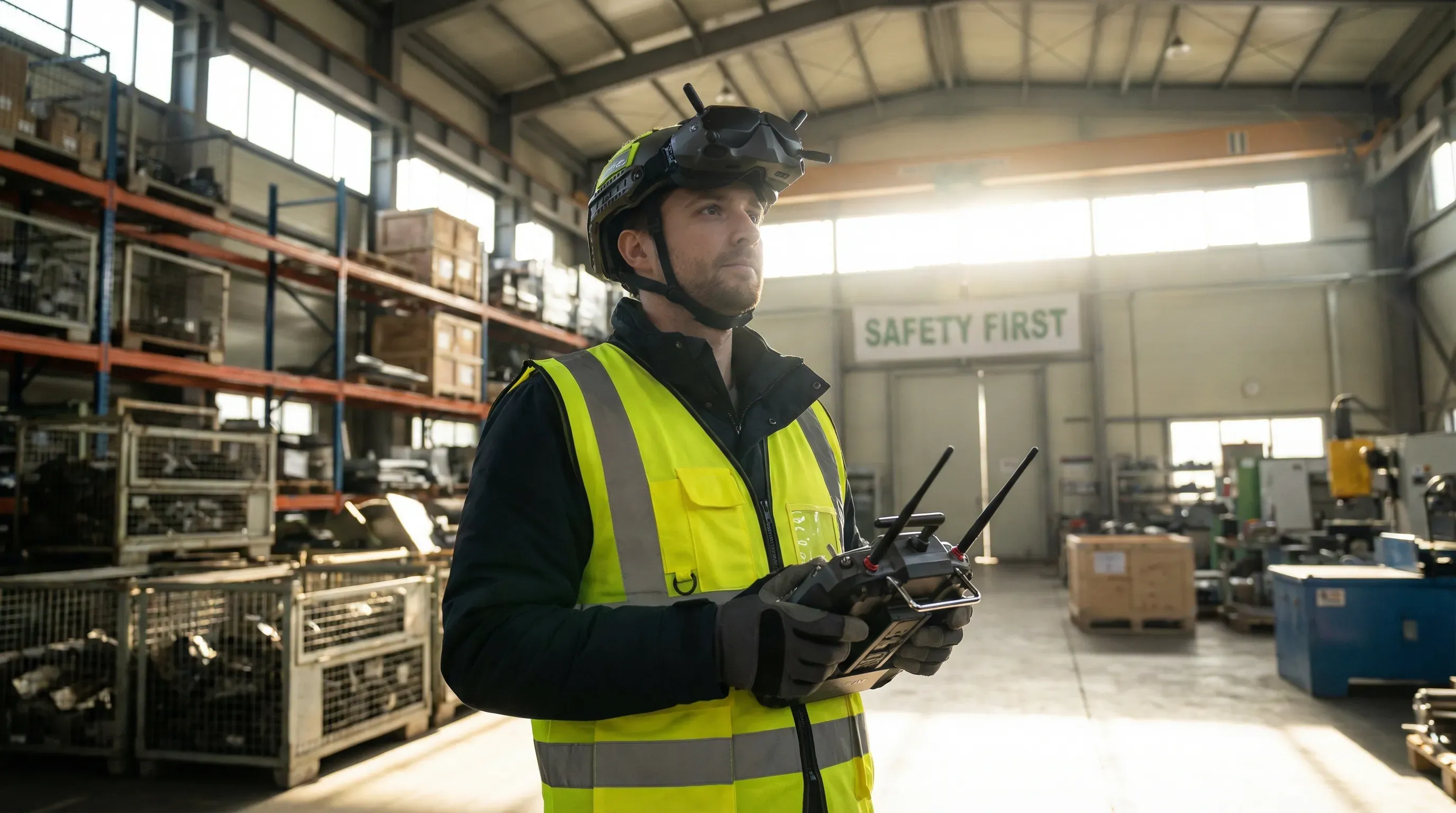 Professioneller FPV-Pilot mit Sicherheitsausrüstung in einer Lagerhalle