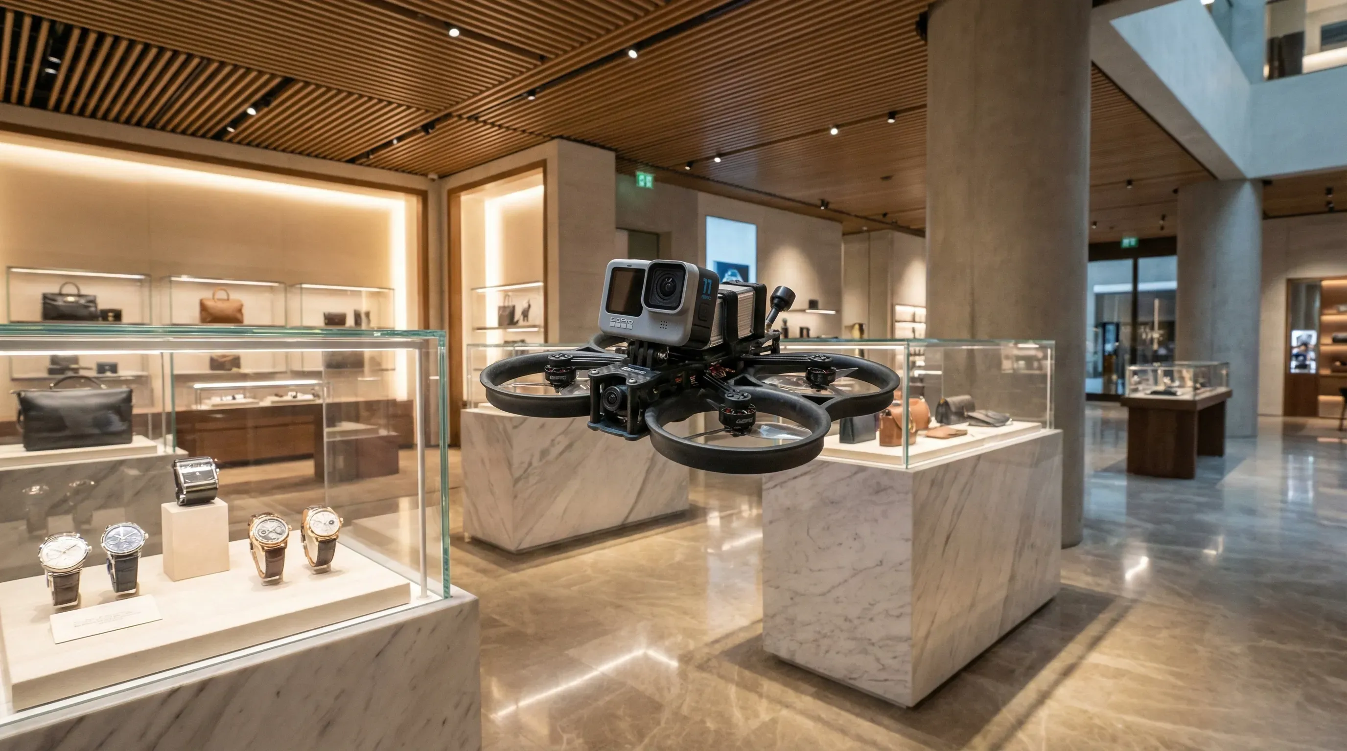 FPV-Drohne im Showroom