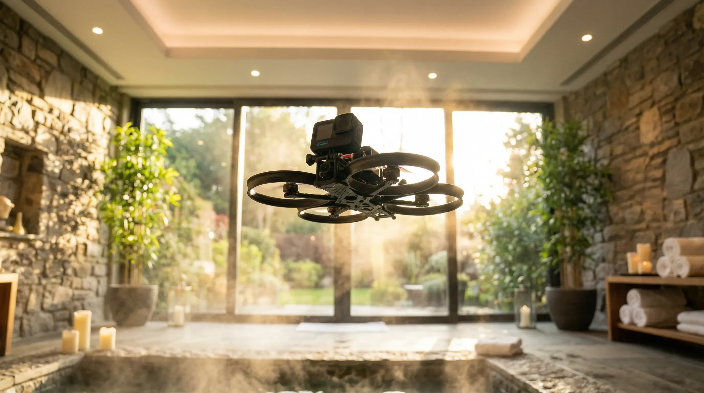 FPV-Drohne im Wellness- und Spa-Bereich eines Hotels
