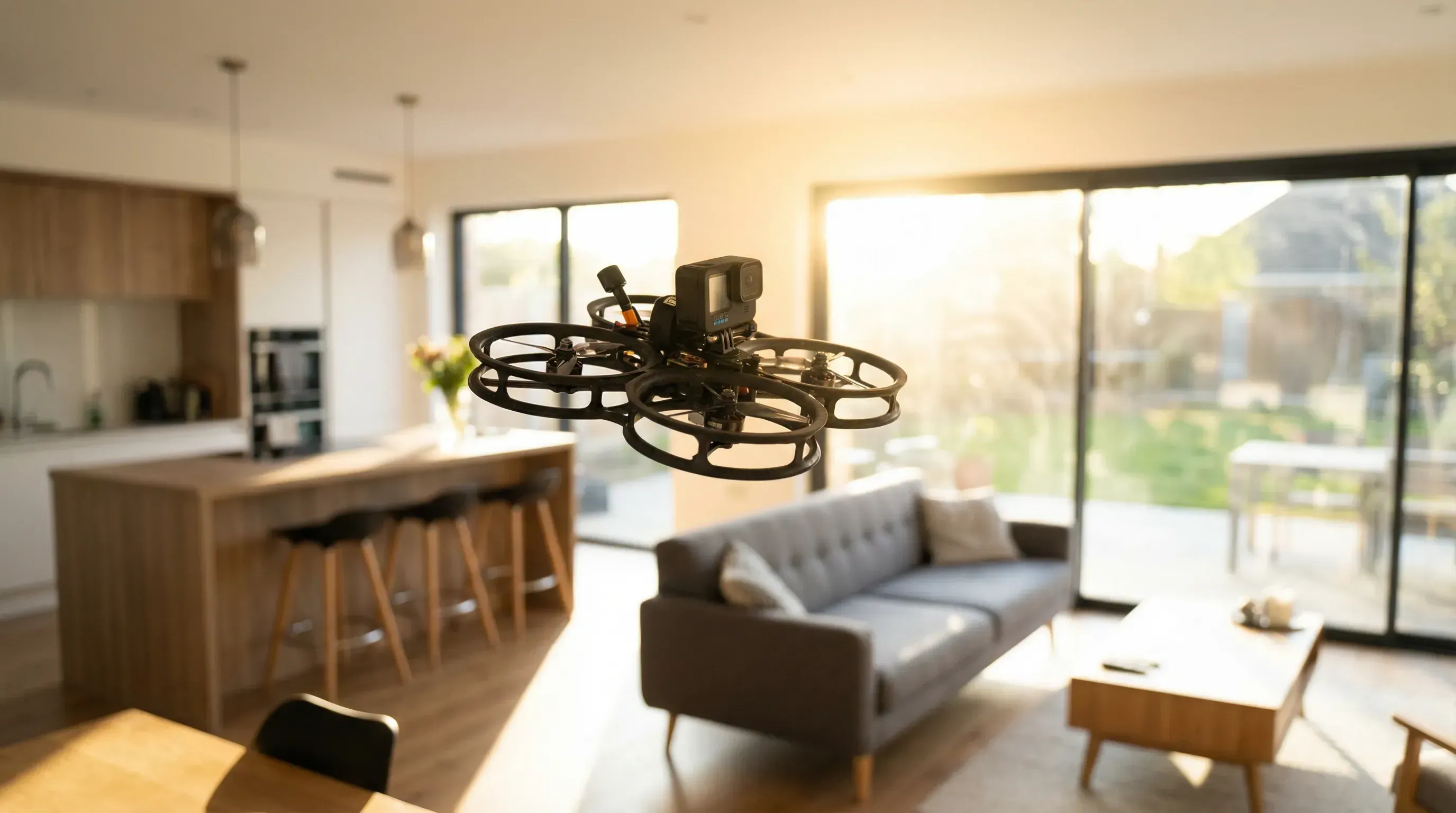 KI-generiert: FPV-Durchflug durch ein elegantes Wohnzimmer